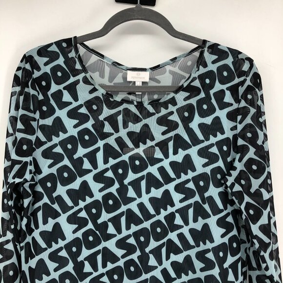 NWT Sportalm Blue Black Mesh Repeating Logo Long  Sleeve Sheer top size 10 - Picture 7 of 15